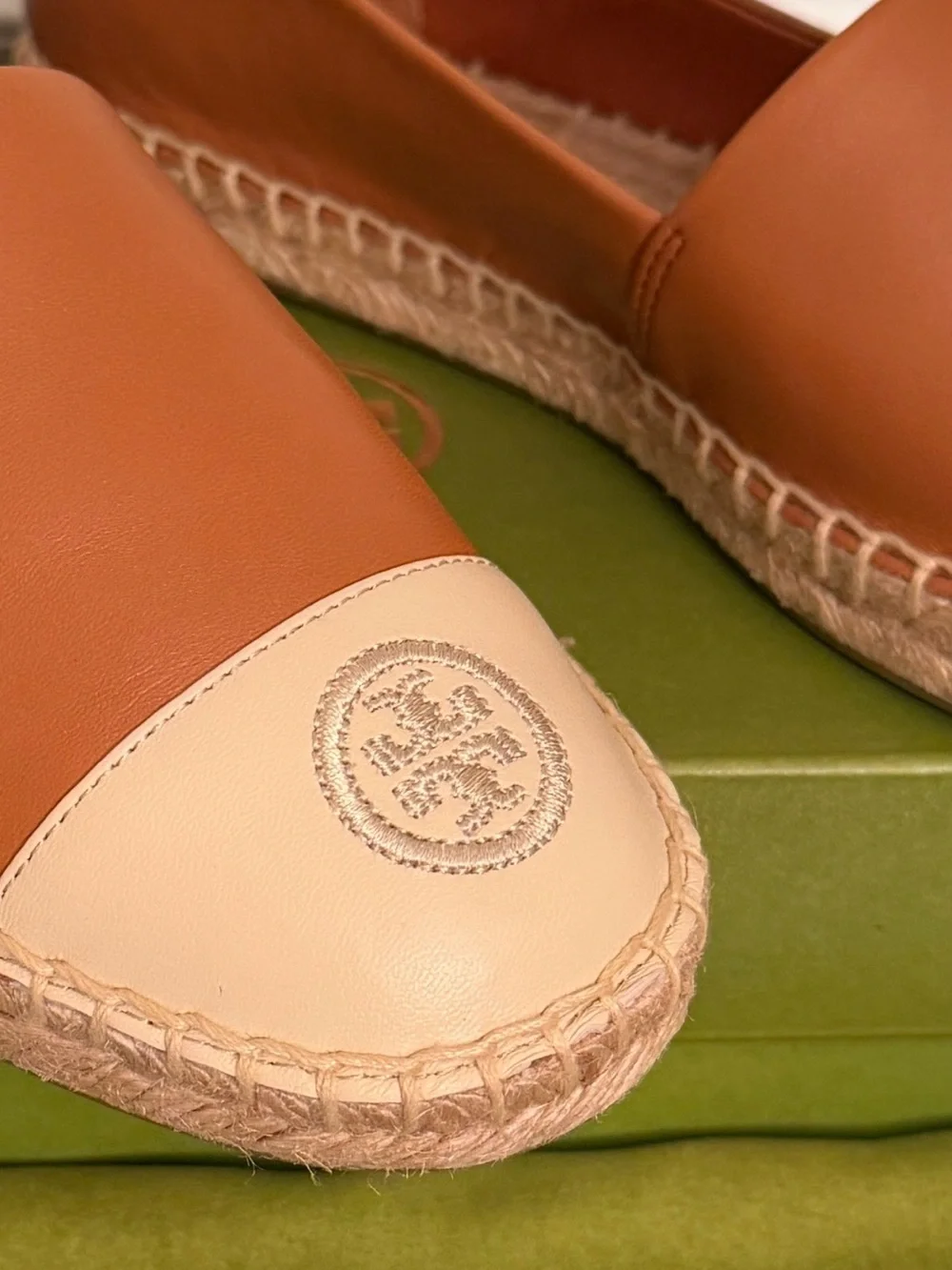 Tory Burch Two-Tone Leather Espadrilles in Tan & Cream